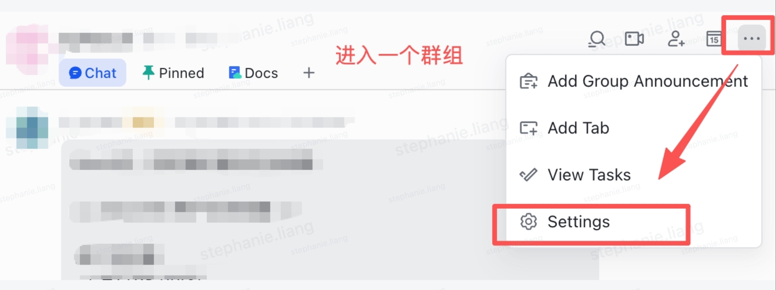 进入群组后，点击右上角「...」→「Settings」