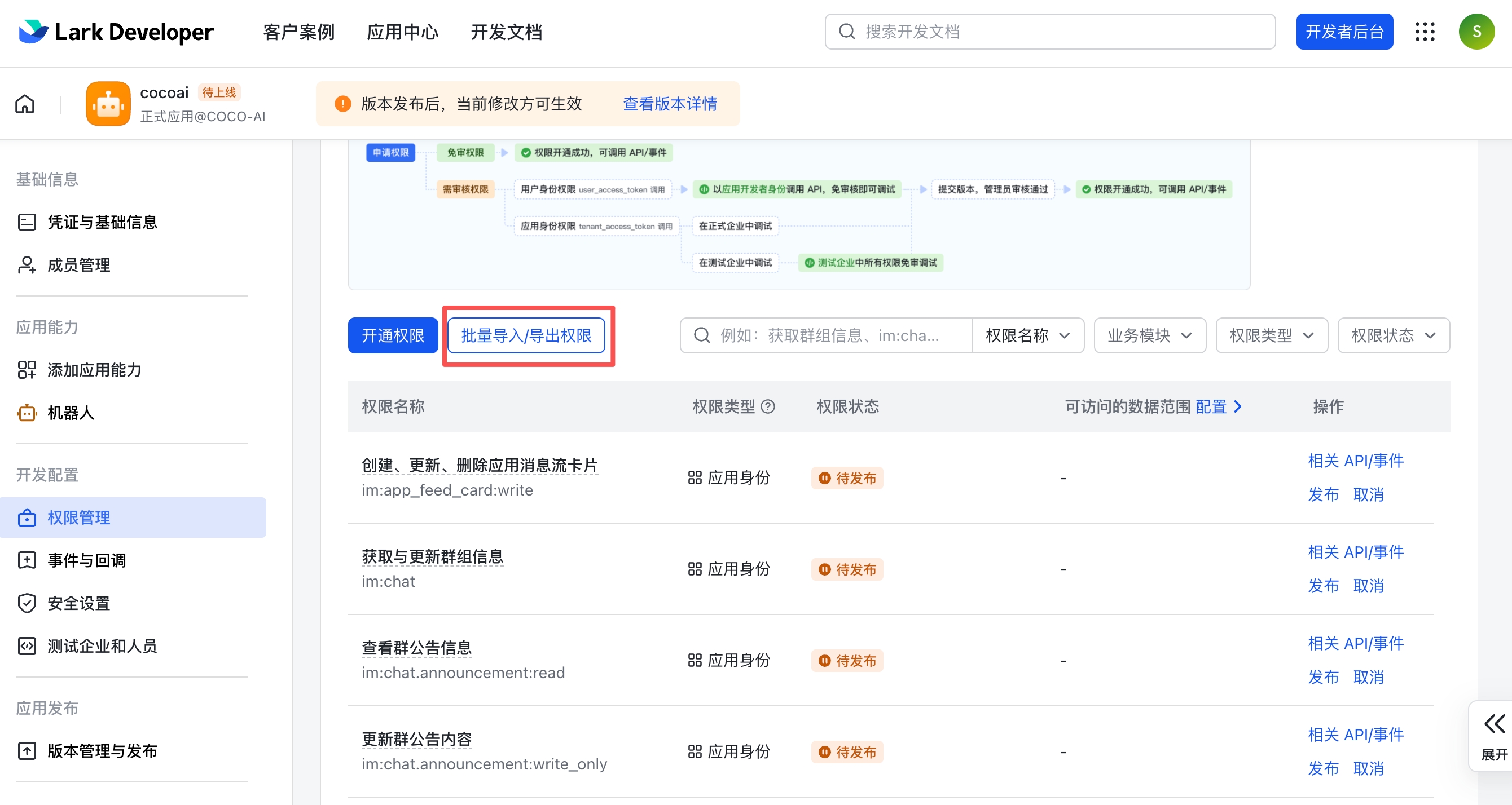 权限管理页面 — 点击「批量导入/导出权限」粘贴 JSON 一键导入